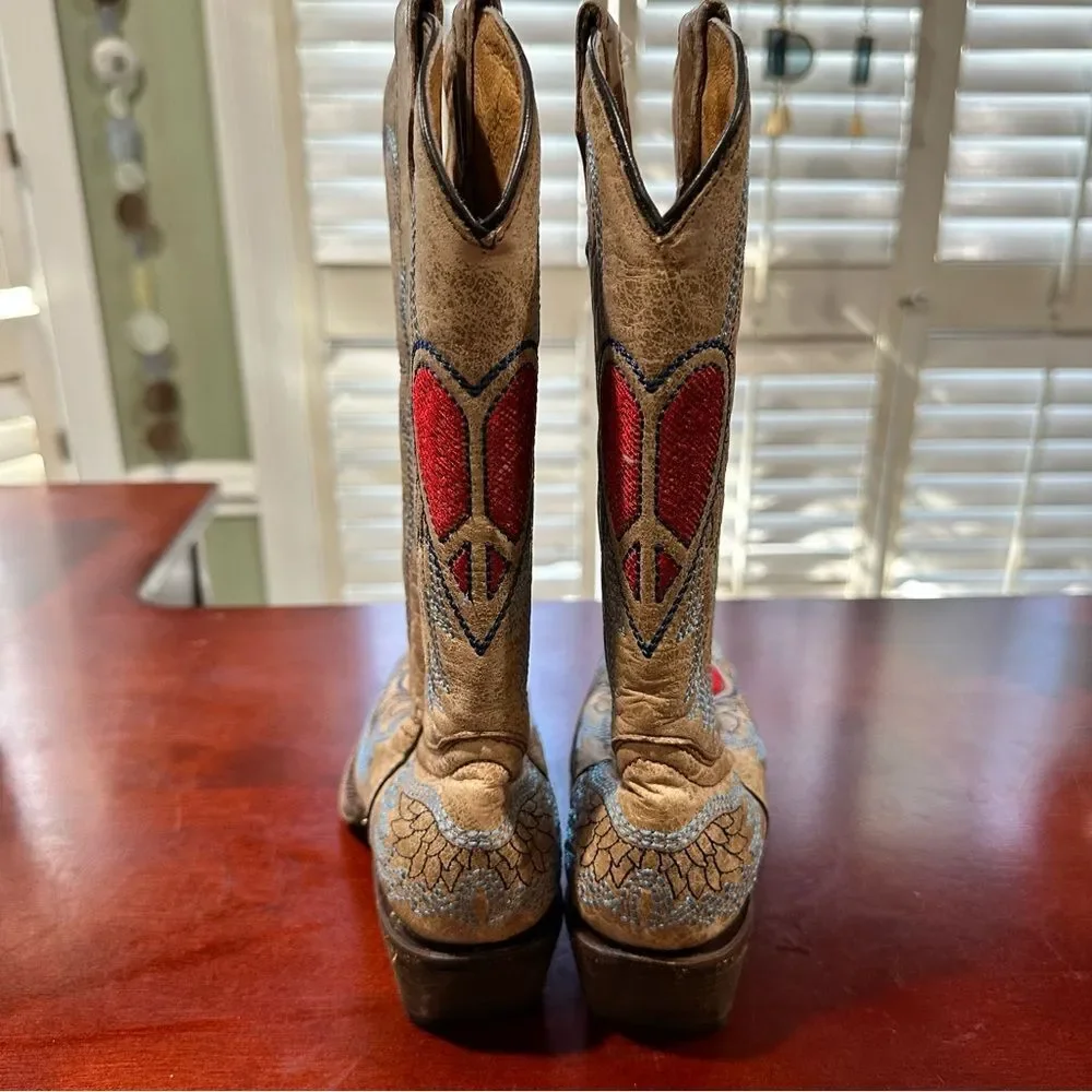 Corral Tan Leather Kids Cowboy Boots with Red Heart and Blue Wing Embroidery